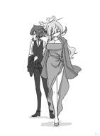artist:hikodge character:aru_(blue_archive) character:aru_(dress)_(blue_archive) character:haruka_(blue_archive) character:haruka_(dress)_(blue_archive) demon_horns dress halo horns in-series_category:gehenna_academy in-series_category:problem_solver_68 long_hair monochrome ponytail series:blue_archive short_hair // 700x953 // 48KB