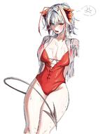 alternate_outfit anger_vein artist:goldentissue character:w_(arknights) character:wis'adel_(arknights) flushed_face in-series_category:babel in-series_category:kazdel in-series_category:sarkaz orange_eyes series:arknights short_hair sweaty swimsuit tail white_hair // 1317x1773 // 1.1MB