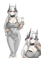 alternate_outfit artist:JHH character:mudrock_(arknights) demon_horns dongtan_dress dress horns in-series_category:gargoyle in-series_category:sarkaz long_hair low-cut_dress red_eyes series:arknights sweater white_hair // 2150x3035 // 1.2MB