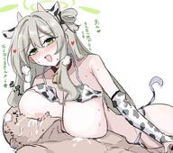 animal_ears artist:bone_hiko bovine_horns breast_feeding brown_hair character:nonomi_(blue_archive) cow_ears cow_girl cow_print cow_tail flushed_face green_eyes hair_bun halo handjob horns in-series_category:abydos_high_school in-series_category:foreclosure_task_force japanese_text lactation lingerie long_hair nursing_handjob series:blue_archive steaming_body sweaty tail // 792x701 // 95KB