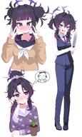alternate_outfit artist:82jhin character:doodle_sensei_(blue_archive) character:haruka_(blue_archive) character:sensei_(blue_archive) cosplay double_v flushed_face hair_bun halo in-series_category:gehenna_academy in-series_category:problem_solver_68 pajamas pants ponytail purple_eyes purple_hair series:blue_archive sweater v // 2457x4096 // 677KB