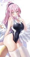 alternate_outfit artist:reneua body_wings character:mika_(blue_archive) feathered_wings flushed_face halo in-series_category:tea_party in-series_category:trinity_general_school long_hair pink_hair ponytail series:blue_archive swimsuit thigh_squish yellow_eyes // 2150x4096 // 750KB