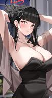 alternate_outfit armpit artist:haerge black_hair character:rio_(blue_archive) dress flushed_face hair_accessories hair_bun halo in-series_category:millenium_science_school in-series_category:seminar low-cut_dress mechanical_halo red_eyes series:blue_archive // 2129x4000 // 496KB
