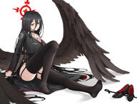 artist:SaMA beauty_mark black_hair body_wings character:hasumi_(blue_archive) feathered_wings flushed_face garter_belt hair_down_the_middle halo in-series_category:justice_task_force in-series_category:trinity_general_school long_hair red_eyes series:blue_archive // 1390x1062 // 389KB