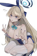 artist:mimyo blonde_hair blue_eyes bunny_suit character:toki_(blue_archive) character:toki_(bunny)_(blue_archive) double_v in-series_category:cleaning_&_clearing in-series_category:millenium_science_school in-series_category:super_phenomenon_task_force japanese_text leotard long_hair rabbit_ears series:blue_archive v // 3000x4500 // 3.6MB