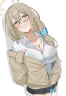 artist:nagomu brown_eyes brown_hair character:akane_(blue_archive) character:akane_(uniform)_(blue_archive) flushed_face glasses halo in-series_category:cleaning_&_clearing in-series_category:millenium_science_school long_hair series:blue_archive sweater // 1640x2360 // 1.9MB