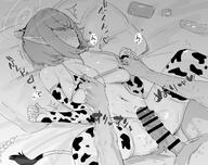 artist:pochin beauty_mark character:aoi_(blue_archive) cow_print ears_blushing elf flushed_face in-series_category:general_student_council japanese_text micro_bikini monochrome nipple_play pointed_ears series:blue_archive short_hair // 4096x3248 // 983KB