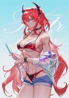 character:surtr_(arknights) demon_horns english_text horns in-series_category:sarkaz meta:artist_request meta:source_request series:arknights swimsuit // 2200x3111 // 494KB