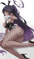 artist:asya brown_skin character:karin_(blue_archive) character:karin_(bunny)_(blue_archive) fishnet_leggings flushed_face halo in-series_category:cleaning_&_clearing in-series_category:millenium_science_school long_hair ponytail purple_hair series:blue_archive tattoo yellow_eyes // 960x1637 // 151KB
