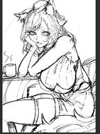 animal_ears artist:indoor_gorilla character:whislash_(arknights) character:zofia_(arknights) flushed_face horse_ears horse_girl in-series_category:kazimierz in-series_category:kuranta meta:work-in-progress monochrome series:arknights thigh_squish // 1006x1337 // 215KB