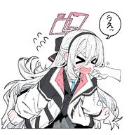 artist:wujurana character:key_(blue_archive) cheek_pull hair_bow hair_down_the_middle halo in-series_category:game_development_department in-series_category:millenium_science_school japanese_text long_hair series:blue_archive white_hair // 3035x3160 // 241KB