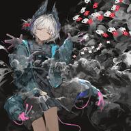 artist:ichika87 bird_girl brown_skin character:raidian_(arknights) closed_eyes extra_arms grey_hair hair_accessories head_wings in-series_category:liberi in-series_category:rhodes_island in-series_category:ursus_(nation-state) series:arknights short_hair v // 4000x4000 // 1.7MB
