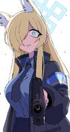 animal_ears artist:dr_yamero blonde_hair blue_eyes character:kanna_(blue_archive) dog_ears dog_girl hair_covering_eye halo in-series_category:public_peace_bureau in-series_category:valkyrie_police_school long_hair pov series:blue_archive sharp_teeth // 1084x2048 // 237KB