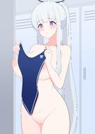 artist:makura character:noa_(blue_archive) flushed_face halo in-series_category:millenium_science_school in-series_category:seminar long_hair mechanical_halo ponytail purple_eyes series:blue_archive swimsuit white_hair // 2894x4093 // 2.0MB