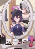 artist:lan_(lanlanyy1) beauty_mark black_hair character:haruka_(blue_archive) character:haruka_(dress)_(blue_archive) character:kayoko_(blue_archive) character:kayoko_(dress)_(blue_archive) demon_horns dress ear_piercings flushed_face hair_bow halo horns in-series_category:gehenna_academy in-series_category:problem_solver_68 long_hair low-cut_dress purple_eyes purple_hair red_eyes series:blue_archive two-tone_hair white_hair // 1000x1389 // 186KB