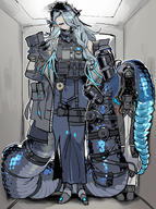 artist:mutomorokoshi blue_eyes character:doctor_(arknights) character:mantra_(arknights) grey_hair hair_covering_eye in-series_category:elite_operator in-series_category:phidia in-series_category:rhodes_island long_hair pants pointed_ears series:arknights snake_girl // 1479x1992 // 1.3MB