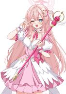 artist:rynn beauty_mark bird_girl blue_eyes character:mimori_(blue_archive) character:suzumi_(blue_archive) character:suzumi_(magical)_(blue_archive) dress halo head_wings in-series_category:allied_hyakkiyako_academy in-series_category:inner_discipline_club in-series_category:trinity_general_school in-series_category:trinity_vigilante_crew low-cut_dress magical_girl pink_hair series:blue_archive v // 1448x2048 // 379KB