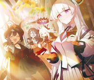 artist:nasan black_hair blue_eyes character:aris_(blue_archive) character:chiaki_(blue_archive) character:hina_(blue_archive) character:noa_(blue_archive) demon_horns hair_accessories hair_down_the_middle halo horns in-series_category:game_development_department in-series_category:gehenna_academy in-series_category:millenium_science_school in-series_category:pandemonium_society in-series_category:prefect_team in-series_category:seminar long_hair mechanical_halo purple_eyes series:blue_archive side_ponytail white_hair // 2005x1700 // 2.0MB