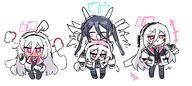 artist:sweetbar119 blue_hair character:aris_(battle)_(blue_archive) character:aris_(blue_archive) character:key_(blue_archive) chibi doya_face flushed_face hair_bow hair_down_the_middle halo in-series_category:game_development_department in-series_category:millenium_science_school leotard long_hair mecha pink_eyes series:blue_archive twin_tails white_hair // 4096x1840 // 603KB