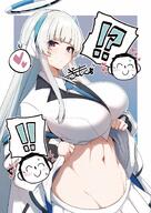 artist:gin_moku character:doodle_sensei_(blue_archive) character:noa_(blue_archive) character:sensei_(blue_archive) halo in-series_category:millenium_science_school in-series_category:seminar long_hair mechanical_halo midriff pulling_up_shirt purple_eyes series:blue_archive white_hair // 1032x1457 // 342KB