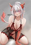 anger_vein artist:mameppu character:nian_(arknights) dragon_girl dragon_horns dragon_tail eye_liner flushed_face horns in-series_category:feranmut in-series_category:sui_siblings in-series_category:yan lingerie negligee nipples_visible_through_clothing pointed_ears ponytail purple_eyes series:arknights tail white_hair // 848x1216 // 201KB