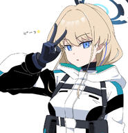artist:nyaru blonde_hair blue_eyes bodysuit character:toki_(battle)_(blue_archive) character:toki_(blue_archive) in-series_category:cleaning_&_clearing in-series_category:millenium_science_school in-series_category:super_phenomenon_task_force japanese_text series:blue_archive v // 984x1022 // 371KB