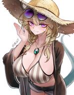 animal_ears artist:mildt brown_hair character:utage_(arknights) character:utage_(summer_flowers_fa661)_(arknights) hair_accessories hair_braid in-series_category:higashi in-series_category:nue purple_eyes series:arknights snake_tail sunglasses swimsuit // 1540x1990 // 414KB