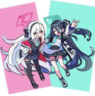 artist:poipoi_v_game blue_eyes blue_hair character:aris_(blue_archive) character:key_(blue_archive) hair_bow hair_down_the_middle halo in-series_category:game_development_department in-series_category:millenium_science_school long_hair pink_eyes series:blue_archive side_ponytail white_hair // 2024x2048 // 402KB