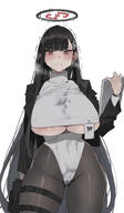 @_@ artist:mimyo black_hair character:rio_(blue_archive) flushed_face halo high-cut_leotard in-series_category:millenium_science_school in-series_category:seminar large_areolae leotard long_hair mechanical_halo nipple_slip red_eyes series:blue_archive steaming_body // 3948x6785 // 13MB
