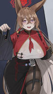 animal_ears artist:mimyo brown_hair character:rumi_(blue_archive) fox_ears fox_girl in-series_category:black_tortoise_promenade in-series_category:shanhaijing_secondary_school long_hair purple_eyes series:blue_archive thigh_squish // 1500x2673 // 3.1MB