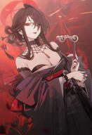 artist:drive_shot black_hair character:kokuriko_(blue_archive) eye_liner hair_accessories hair_bun halo in-series_category:allied_hyakkiyako_academy in-series_category:nature's_beauty_club kimono red_eyes series:blue_archive // 1473x2153 // 1.8MB