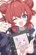 artist:Patanda blue_eyes character:maki_(blue_archive) character:mika_(blue_archive) hair_accessories hair_bun halo in-series_category:millenium_science_school in-series_category:tea_party in-series_category:trinity_general_school in-series_category:veritas long_hair pink_hair red_hair series:blue_archive short_hair v // 5900x8900 // 17MB