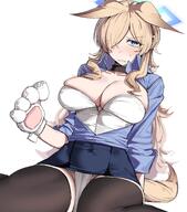 animal_ears artist:gum_118 blonde_hair blue_eyes character:kanna_(blue_archive) dog_ears dog_girl flushed_face hair_accessories halo in-series_category:public_peace_bureau in-series_category:valkyrie_police_school leotard long_hair series:blue_archive sharp_teeth // 1318x1495 // 232KB