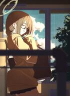 artist:manga_to_yukata brown_eyes brown_hair character:akane_(blue_archive) character:akane_(uniform)_(blue_archive) glasses halo in-series_category:cleaning_&_clearing in-series_category:millenium_science_school long_hair series:blue_archive sweater // 2916x4000 // 1.5MB