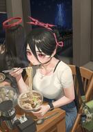 alternate_outfit artist:DAGAM beauty_mark black_hair casual_clothes character:hasumi_(blue_archive) character:tsurugi_(blue_archive) flushed_face hair_accessories hair_bun hair_down_the_middle halo in-series_category:justice_task_force in-series_category:trinity_general_school pants red_eyes series:blue_archive // 2480x3508 // 6.7MB