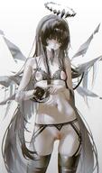 artist:iumu beauty_mark black_eyes black_hair body_wings character:virtuosa_(arknights) halo in-series_category:laterano in-series_category:sankta lingerie long_hair messy_hair series:arknights thigh_squish // 1043x1766 // 1.9MB