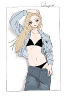 artist:mikobako blonde_hair blue_eyes character:manon_(mikobako) eye_liner lingerie lipstick long_hair pants series:original // 1382x2000 // 317KB