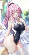 alternate_outfit artist:reneua body_wings character:mika_(blue_archive) feathered_wings flushed_face halo in-series_category:tea_party in-series_category:trinity_general_school long_hair pink_hair ponytail series:blue_archive swimsuit thigh_squish yellow_eyes // 2146x4096 // 845KB
