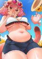animal_ears artist:radioNEET cat_ears cat_girl cat_tail character:goldenglow_(arknights) character:goldenglow_(summer_flowers_fa394)_(arknights) flushed_face hair_accessories hair_braid hand_over_eyes in-series_category:feline in-series_category:victoria pink_hair series:arknights short_hair short_shorts sunglasses swimsuit tail yellow_eyes // 1422x2000 // 299KB
