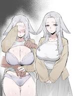 artist:kkan beauty_mark flushed_face grey_eyes grey_hair groping lingerie long_hair meta:character_request pulling_up_shirt series:pokemon sweater sweaty // 2480x3188 // 1004KB