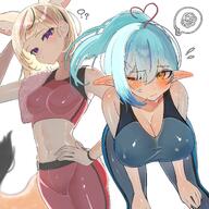 alternate_outfit animal_ears artist:yupimaru blonde_hair blue_eyes character:omaru_polka character:yukihana_lamy elf fox_ears fox_girl fox_tail in-series_category:generation_5 in-series_category:hololive_japan pointed_ears ponytail purple_eyes series:hololive short_hair sports_wear sweaty tail yellow_eyes // 2048x2044 // 456KB