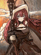 artist:thiccborb blue_eyes character:surtr_(arknights) demon_horns horns in-series_category:sarkaz long_hair red_hair series:arknights // 2400x3200 // 9.5MB