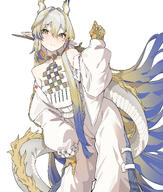 artist:ahti character:shu_(arknights) dragon_girl dragon_horns dragon_tail eye_liner green_eyes hair_accessories horns in-series_category:feranmut in-series_category:sui_siblings in-series_category:yan long_hair pants pointed_ears series:arknights tail white_hair // 2480x2919 // 5.0MB