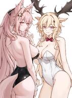 animal_ears antlers artist:daisy_cutter beauty_mark blonde_hair blue_eyes character:pozyomka_(arknights) character:viviana_(arknights) hair_accessories hair_bow hair_braid hand_holding in-series_category:elafia in-series_category:kazimierz in-series_category:leithanien in-series_category:lupo in-series_category:ursus_(nation-state) leotard long_hair pink_eyes pink_hair ponytail series:arknights tail wolf_ears wolf_girl wolf_tail // 3034x4096 // 978KB
