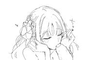 artist:hisany character:mika_(blue_archive) hair_accessories hair_bun halo in-series_category:tea_party in-series_category:trinity_general_school japanese_text kissing_penis long_hair meta:work-in-progress monochrome pov series:blue_archive // 2048x1308 // 173KB