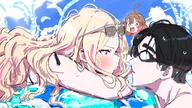 artist:kasasagi blonde_hair blue_eyes brown_eyes brown_hair character:hanami_ume_(gakuen_idolmaster) character:juou_sena_(gakuen_idolmaster) character:producer_(idolmaster) flushed_face hair_bun long_hair messy_hair series:gakuen_idolmaster series:idolmaster short_hair sunglasses swimsuit // 3840x2160 // 4.7MB