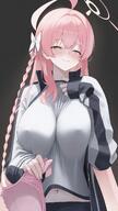 ahoge artist:takkun character:hanako_(blue_archive) flushed_face green_eyes hair_bow hair_braid halo holding_bra in-series_category:gehenna_academy in-series_category:make-up_work_club in-series_category:trinity_general_school long_hair nipples_visible_through_clothing pink_hair presenting_bra series:blue_archive sports_wear // 1152x2048 // 342KB