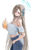 alternate_outfit artist:kono beauty_mark blonde_hair blue_eyes casual_clothes character:asuna_(blue_archive) ear_piercings eye_liner hair_covering_eye halo in-series_category:cleaning_&_clearing in-series_category:millenium_science_school long_hair midriff pants series:blue_archive // 2576x3973 // 1.5MB