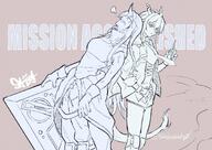 artist:sabasuk0 character:ch'en_(arknights) character:hoshiguma_(arknights) demon_horns dragon_girl dragon_horns dragon_tail english_text horns in-series_category:lung in-series_category:lungmen in-series_category:oni long_hair monochrome oni pants series:arknights short_shorts tail // 1414x1000 // 224KB