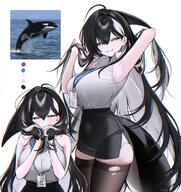 artist:7h4ze black_hair character:orca_office_lady_(7h4ze) office_lady series:original tail thigh_squish torn_clothing torn_stockings white_eyes white_hair // 1994x2116 // 565KB
